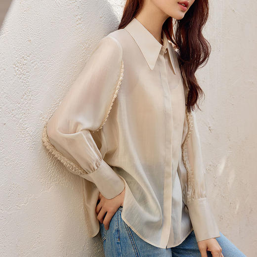 玳莎微透减龄天丝衬衫女2025春季新款木耳边装饰加长袖口宽松上衣  FA31308 商品图1