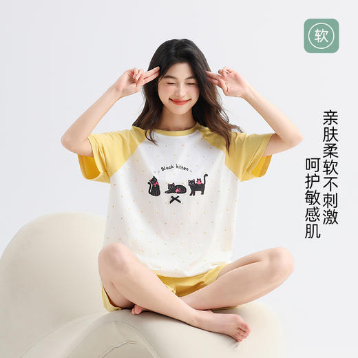 美季美优纯棉睡衣女士款2025新款夏季可爱清新猫咪短袖套装家居服 商品图1