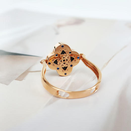 【天然正品】A货翡翠AU750黄金镶天然冰种幸运四叶草可翻转墨翠戒指19号（戒圈可改）女士现售价：3280！130325AH32 商品图5