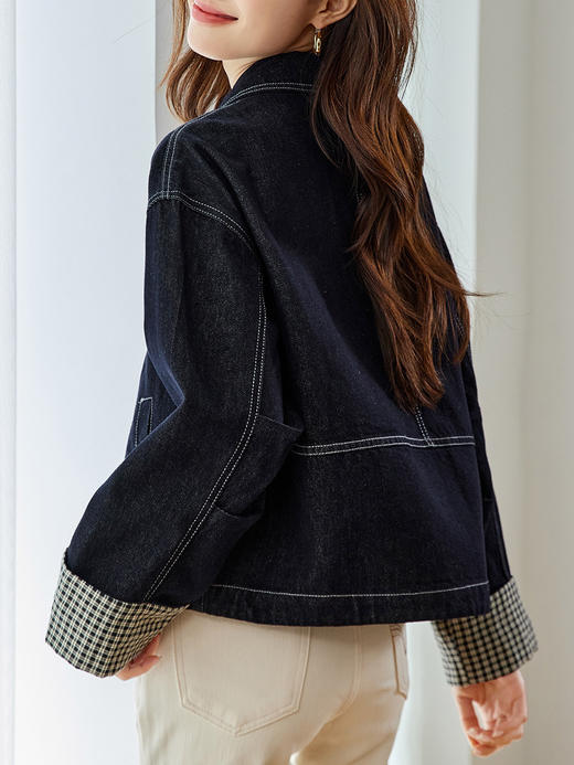 设计感格子翻袖牛仔衬衫外套女2025春秋装上衣💕 商品图4