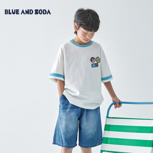 蓝汽水2025新款撞色休闲短袖T恤夏季全棉趣味撞色织标亲子款上衣 商品图0