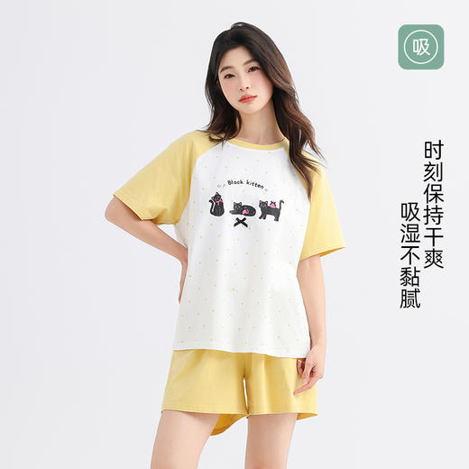美季美优纯棉睡衣女士款2025新款夏季可爱清新猫咪短袖套装家居服 商品图3