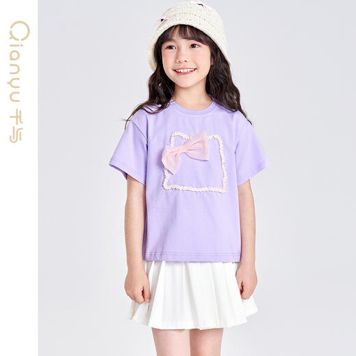 笛莎千与2025夏季新款女童甜美蝴蝶结织带装饰短袖T恤 商品图3