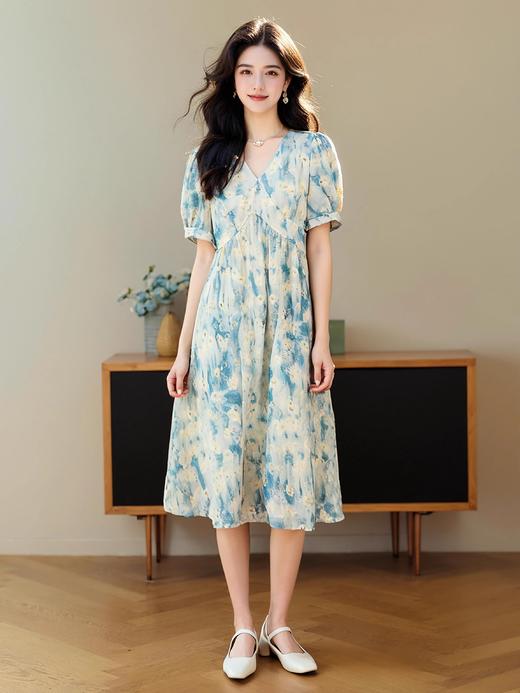 奢姿2025法式V领温柔风连衣裙女夏大码显瘦遮肚子雪纺裙气质长裙9932828184 商品图3