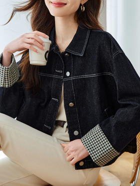 设计感格子翻袖牛仔衬衫外套女2025春秋装上衣💕