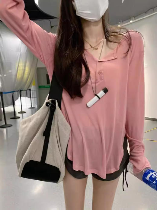 【夏季爆款遮阳防晒衫】V领垂坠感上衣 纯欲风辣妹百搭显瘦修身长袖T恤  商品图2