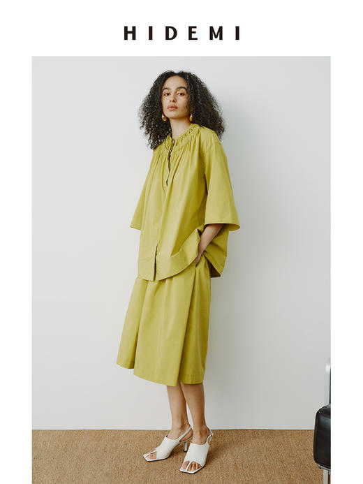 HIDEMI【当当同款】 浅春系甄选长绒棉极简设计感花苞压褶圆领廓形衬衫裙裤套装 白色/有机青柠绿  衬衫/裙裤 商品图10
