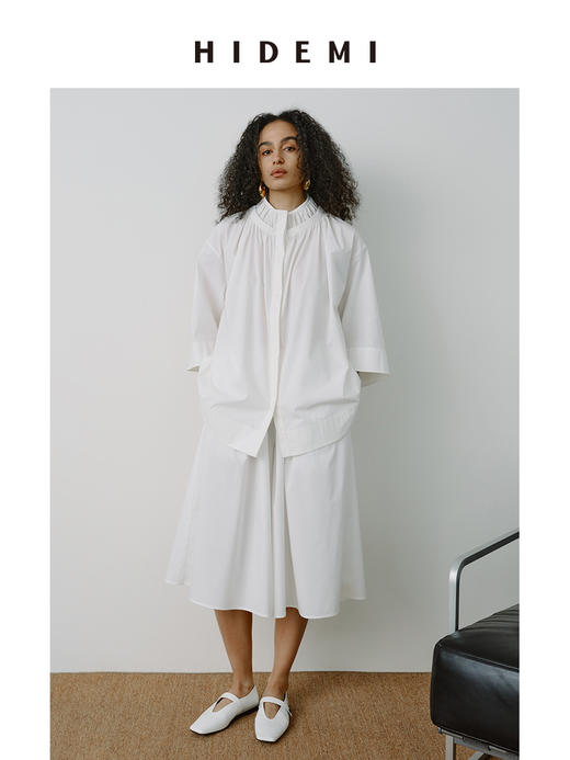 HIDEMI【当当同款】 浅春系甄选长绒棉极简设计感花苞压褶圆领廓形衬衫裙裤套装 白色/有机青柠绿  衬衫/裙裤 商品图12