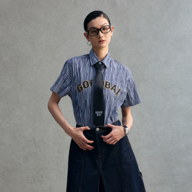 GOODBAI logo贴布绣条纹翻领oversize短袖衬衫