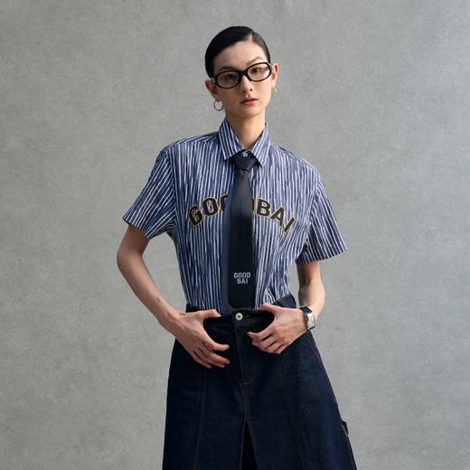 GOODBAI logo贴布绣条纹翻领oversize短袖衬衫 商品图0