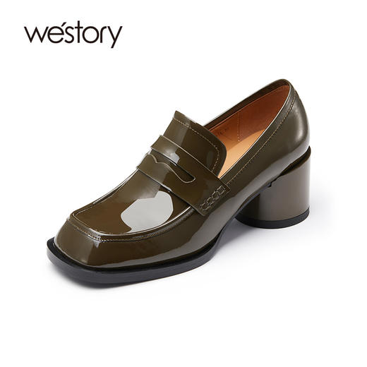 westory春秋季亮面纯色通勤粗高跟方头真皮乐福单鞋女71901 商品图1