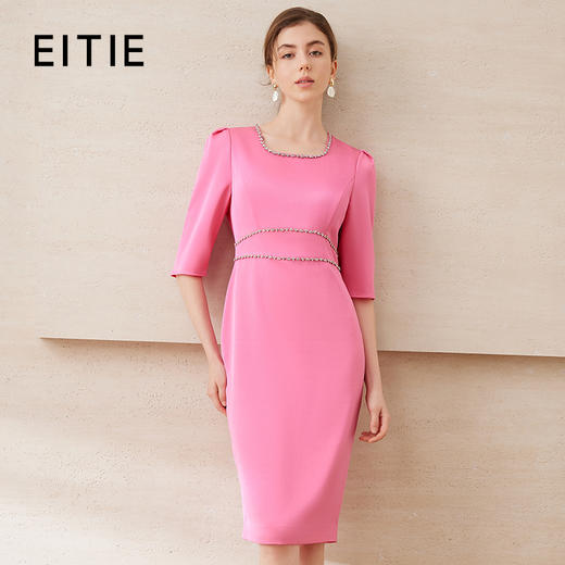 EITIE爱特爱春季新款方领气质优雅钉珠收腰显瘦礼服连衣裙7777413 商品图5