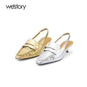 westory女鞋夏季新款尖头高跟牛皮后空鞋羊皮内里牛皮鞋垫72961