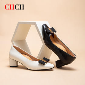 2025春夏CHCH平衡鞋新品牛皮压纹蝴蝶结女单鞋粗跟女鞋CP1B5061
