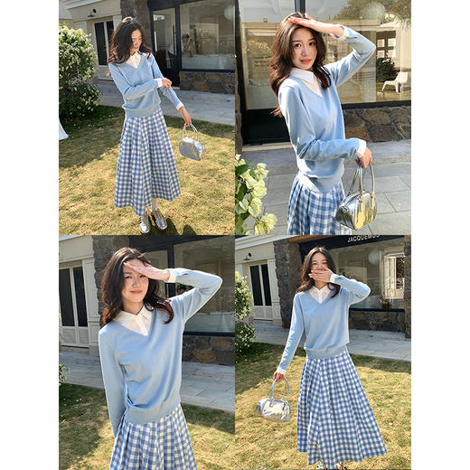 【春夏新品】熙世界衬衫领假两件针织衫女春秋2025新款通勤休闲长袖polo领上衣 商品图3