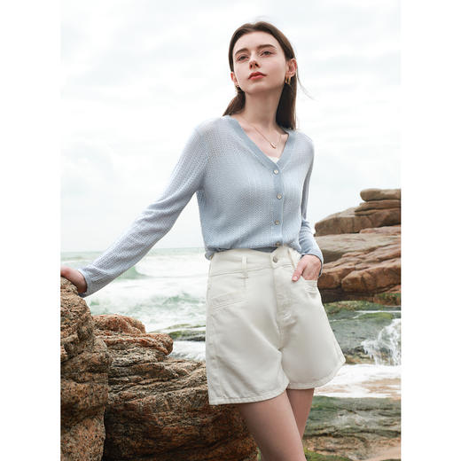 三彩2025夏季新款镂空针织衫V领轻薄毛衫外套短款开衫简约罩衫M 商品图3