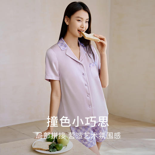 金三塔100%桑蚕丝女真丝睡衣简约棋盘格衣裤套长袖长裤短袖短裤家居服  YSFFB202/ YSFFB404 商品图1
