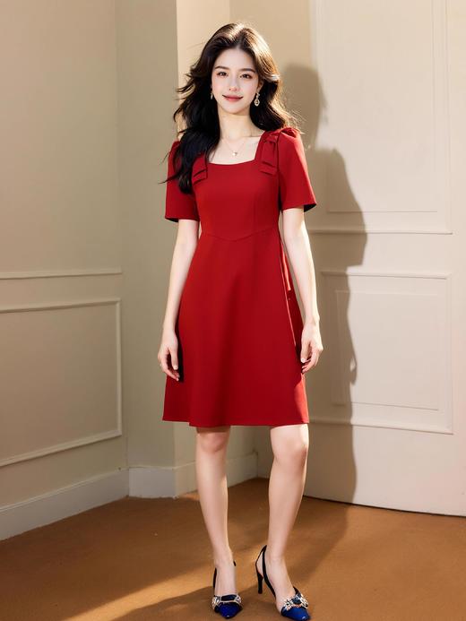 奢姿2025年夏装新款大码女装方领连衣裙胖妹妹蝴蝶结装饰连衣裙9932852658/ 商品图4