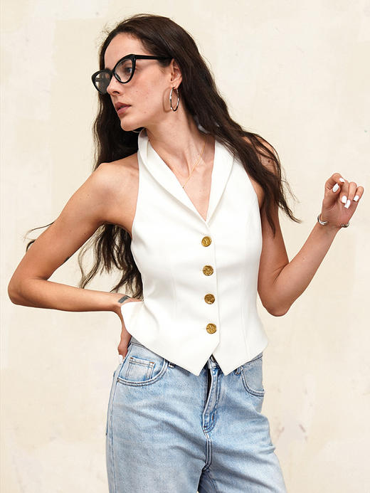 TR她热 夏洛特 白色金属扣复古修身显瘦V领立领西装马甲背心 商品图4