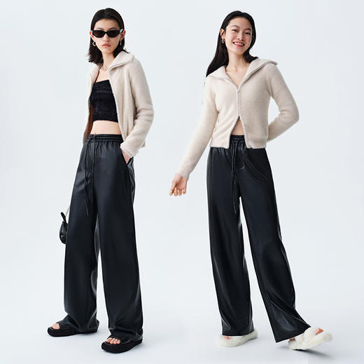 【素皮直筒拖地裤】simplepieces冬季SPS新PU皮抽绳宽松休闲裤女 商品图4
