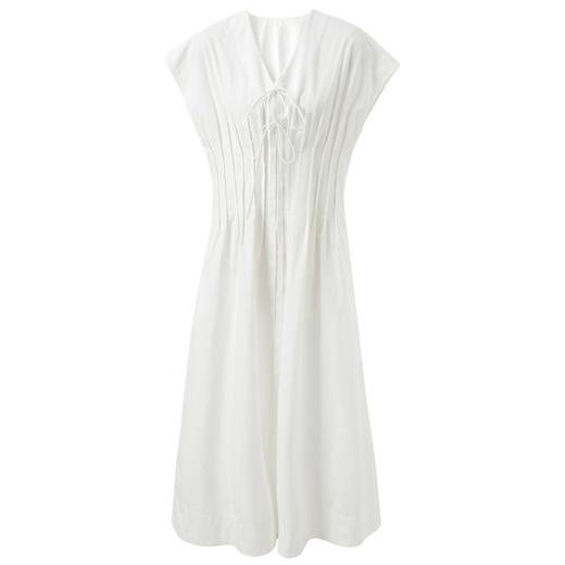 三彩2025夏季新款法式复古收腰V领连衣裙府绸美棉长裙气质简约S 商品图4