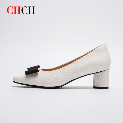 2025春夏CHCH平衡鞋新品牛皮压纹蝴蝶结女单鞋粗跟女鞋CP1B5061 商品图4