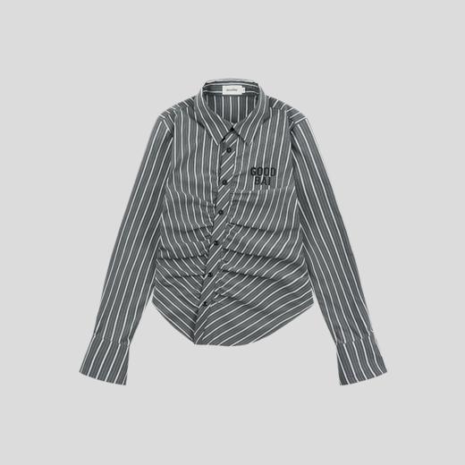 GOODBAI 粗体logo条纹翻领打褶收腰斜襟长袖衬衫 商品图1