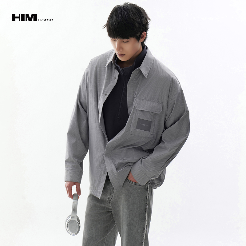 HIM漢崇 字母织唛工装口袋轻薄舒适休闲条纹衬衫外套男 2026春季