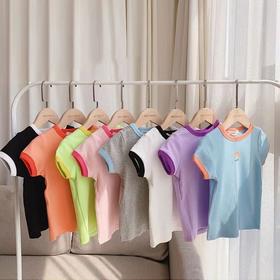 【超值39.9任选2款！】糖果色冰丝短袖t恤 新款韩版女童宝宝 男童夏装百搭洋气 捆条边中小童上衣-QQ