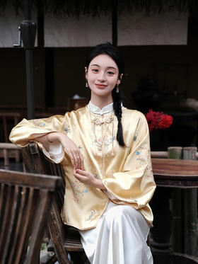 盛唐牡丹 |松花黄重缎真丝散花手推绣外套