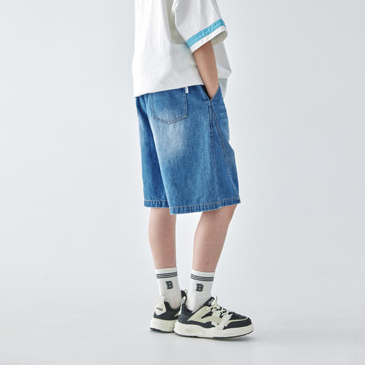 蓝汽水2025夏季水洗磨白牛仔五分裤轻复古感侧缝插片拼接休闲短裤 商品图4