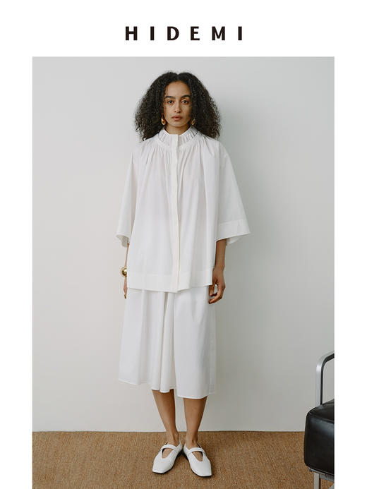 HIDEMI【当当同款】 浅春系甄选长绒棉极简设计感花苞压褶圆领廓形衬衫裙裤套装 白色/有机青柠绿  衬衫/裙裤 商品图11