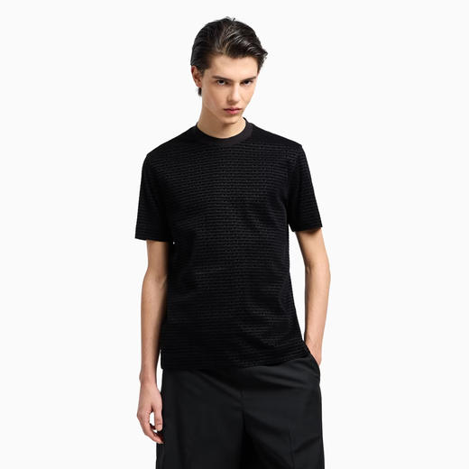 EMPORIO ARMANI 阿玛尼 男士字母小鹰徽标提花莱赛尔混纺针织圆领短袖T恤 黑色 EM001288 AF10017 FC159 商品图1