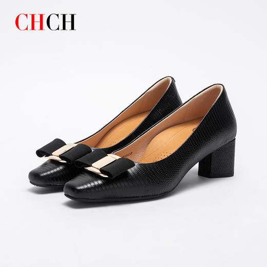 2025春夏CHCH平衡鞋新品牛皮压纹蝴蝶结女单鞋粗跟女鞋CP1B5061 商品图1