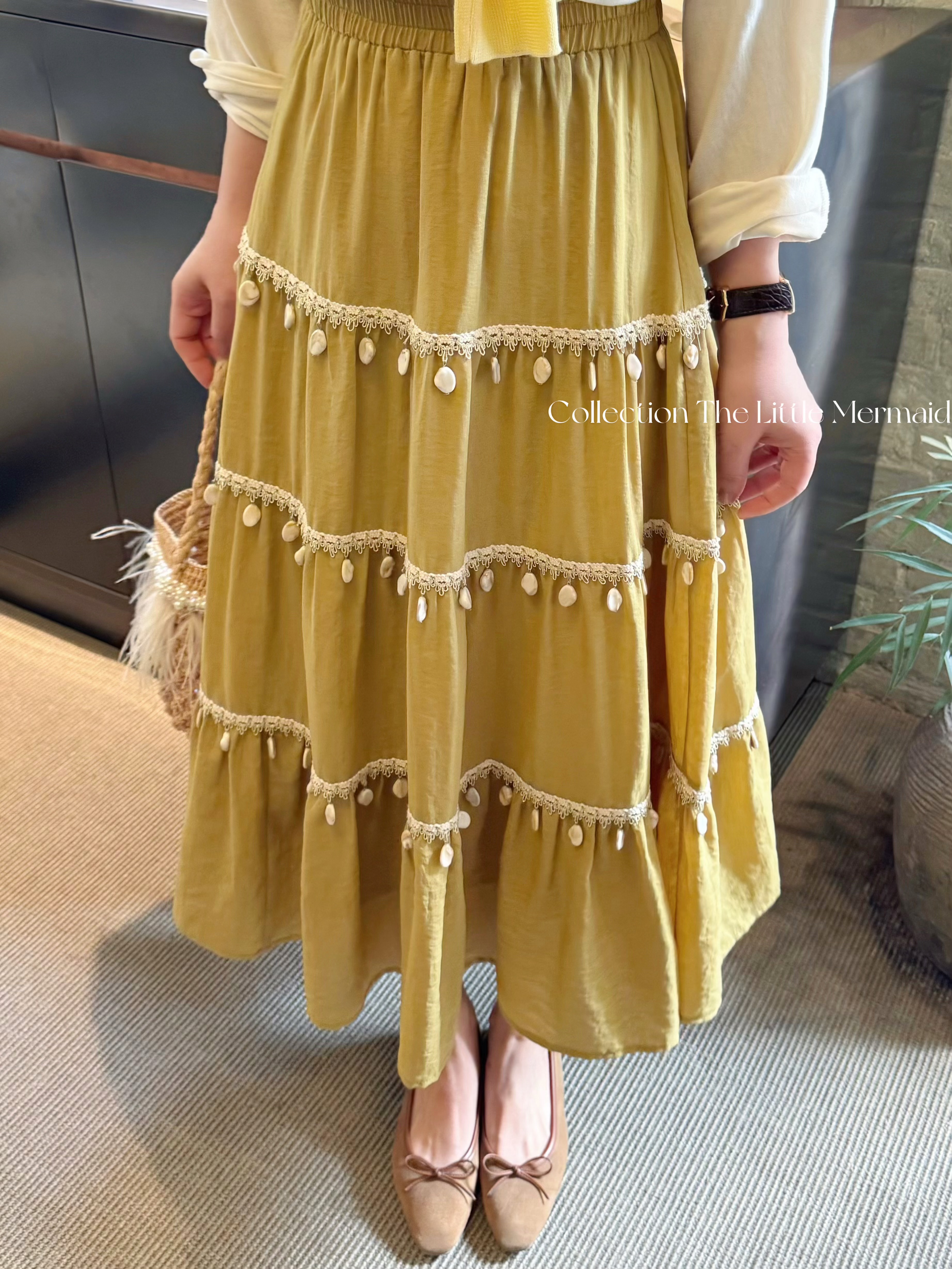 海的女儿 | 美翻了!!天然石头织带装饰A摆半身裙 芥末黄