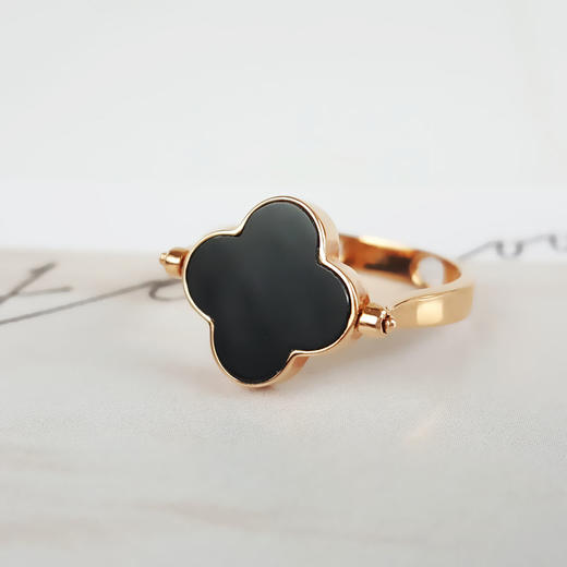 【天然正品】A货翡翠AU750黄金镶天然冰种幸运四叶草可翻转墨翠戒指19号（戒圈可改）女士现售价：3280！130325AH32 商品图3