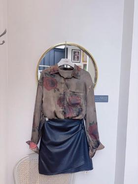 【门店同款】ENJOY冬季C-侧收褶复古皮半裙 159794885