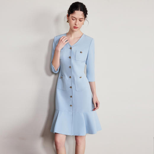 IWY/气质V领蓝色连衣裙女士职业装西服裙新款单排扣荷叶边裙子Q1269 商品图3