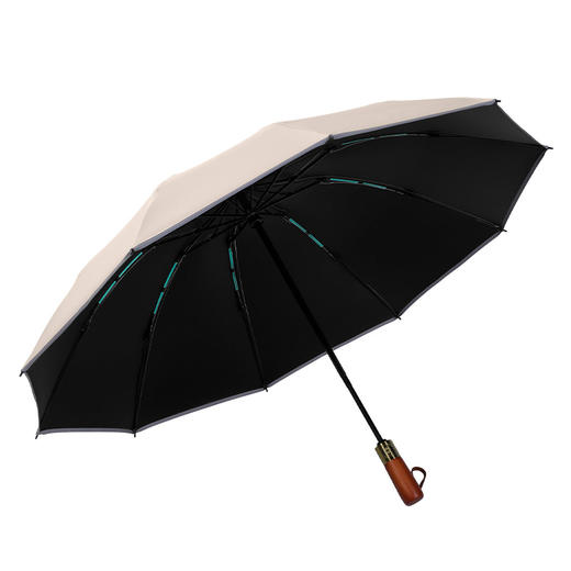 「全自动！原木手柄」三折反向伞加固安全反光条黑胶晴雨伞双龙骨居家日用结实抗风折叠伞 商品图4