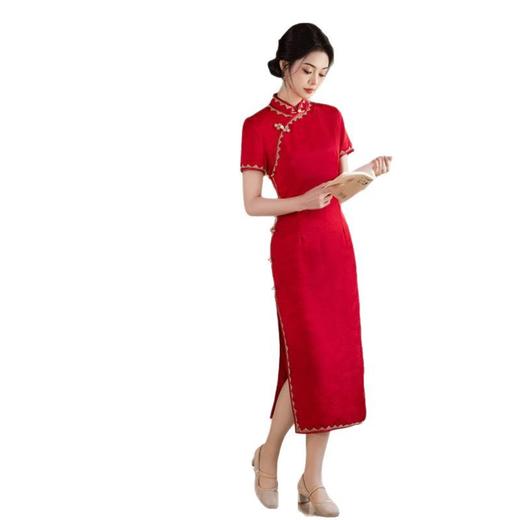 针织提花长款短袖旗袍2025春夏新款复古国风年轻修身显瘦旗袍SYK22618 商品图4