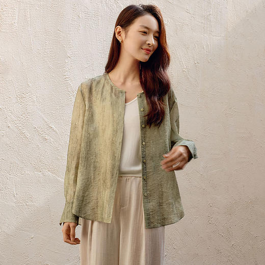 玳莎中式无领衬衫女士2025春季新款醋酸宽松慵懒复古国风印花外套  FA31309 商品图1