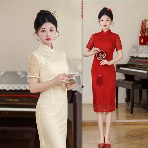 蕾丝网纱中长款短袖款旗袍2025春夏新款时尚新娘红装订婚旗袍SYK256029 商品图0