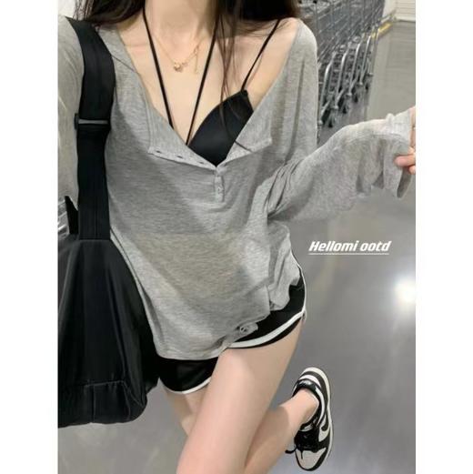 【夏季爆款遮阳防晒衫】V领垂坠感上衣 纯欲风辣妹百搭显瘦修身长袖T恤  商品图9