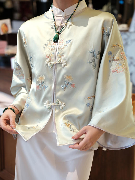 盛唐牡丹 |竹璜绿重缎真丝散花手推绣外套 商品图2