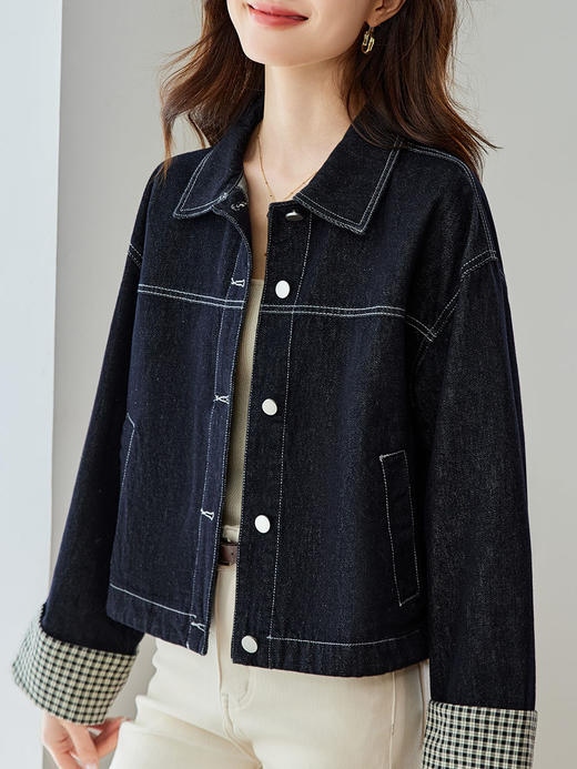 设计感格子翻袖牛仔衬衫外套女2025春秋装上衣💕 商品图1