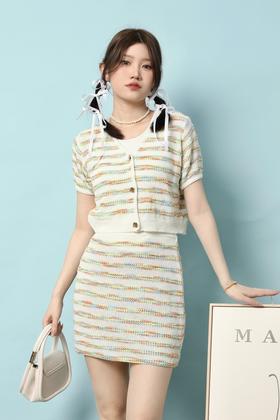 L.Fleuri 多彩条纹针织开衫半裙套装 18028