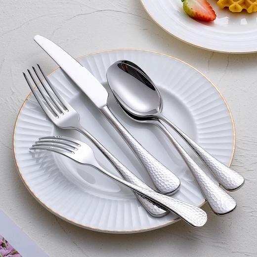 简约北欧风304不锈钢精抛锤纹西餐牛排刀叉勺子四件套装甜品餐具加州锤点原色系列 商品图0