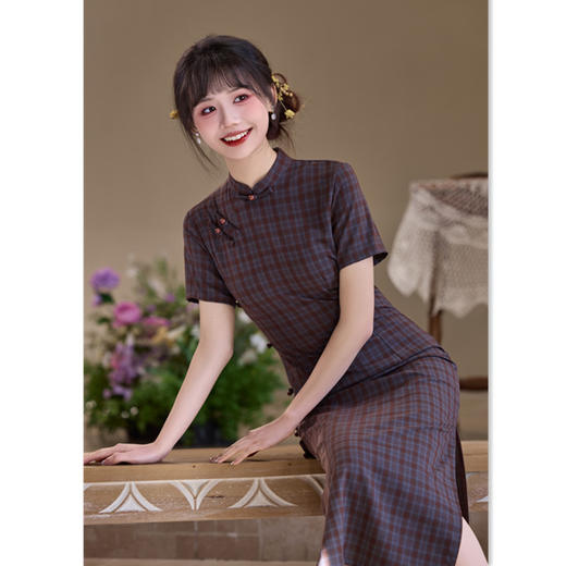 复古国风长款文艺格子，改良中式学院风旗袍SYK22602 商品图3