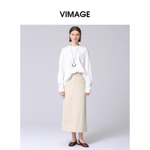 VIMAGE纬漫纪白色纯棉落肩宽松休闲长袖女上衣T恤2025春季新款V2302916 商品图2