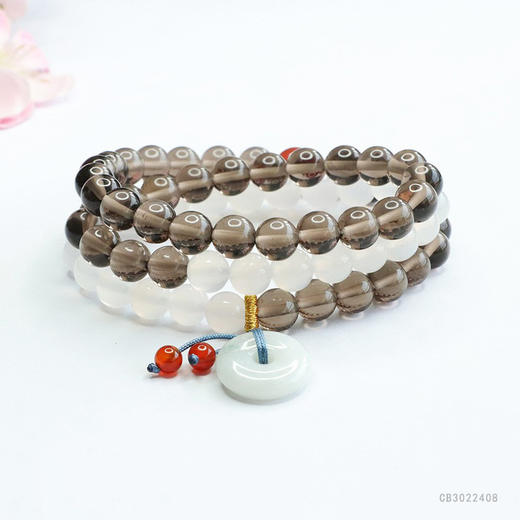 【青海藏文化博物院官方直发】冰种黑曜石白玉髓翡翠平安扣提溜多圈手串 商品图3